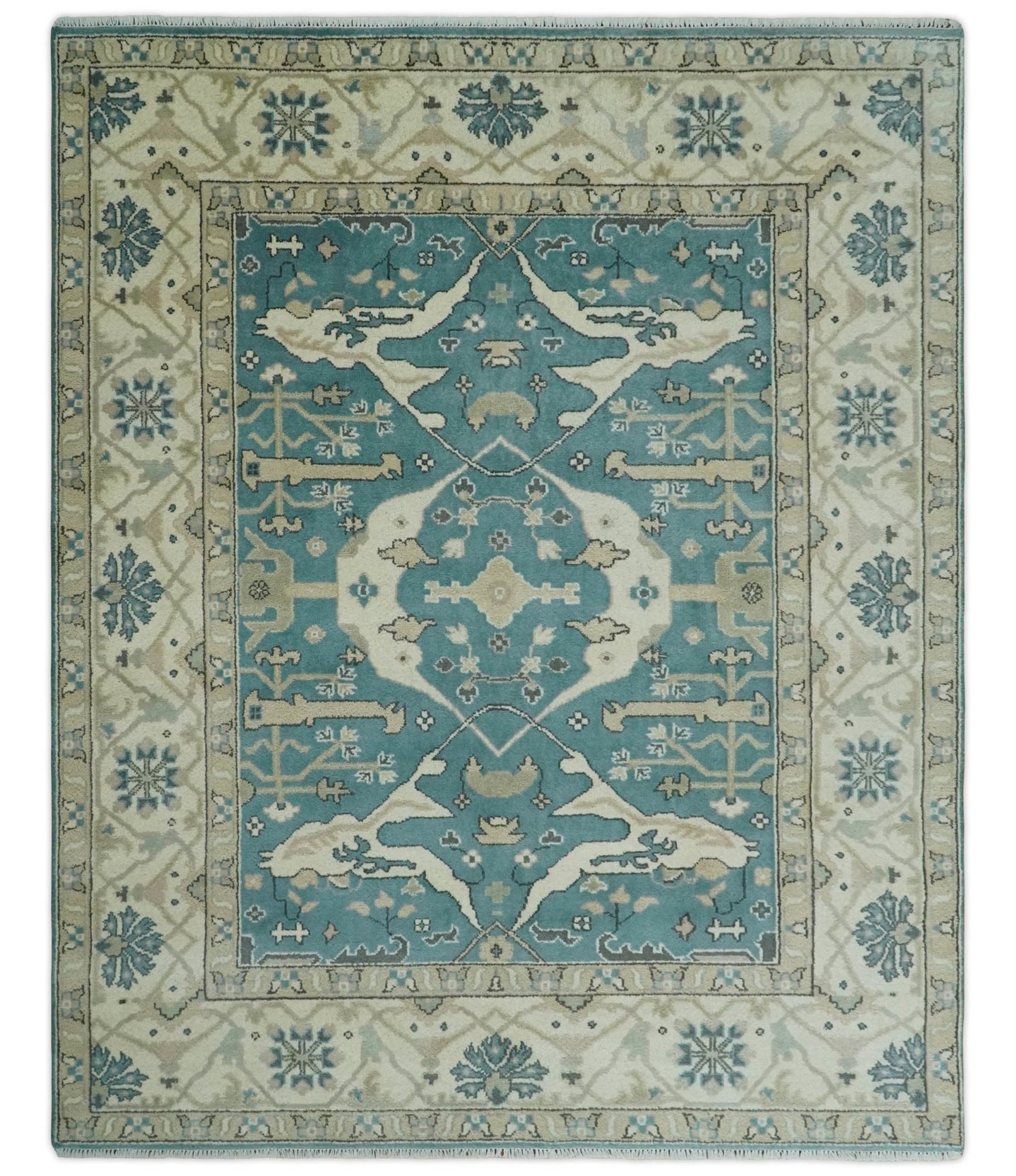 Hand Knotted 8x10 Oriental Oushak Aqua and Beige Wool Area Rug | TRDCP1200810 - The Rug Decor