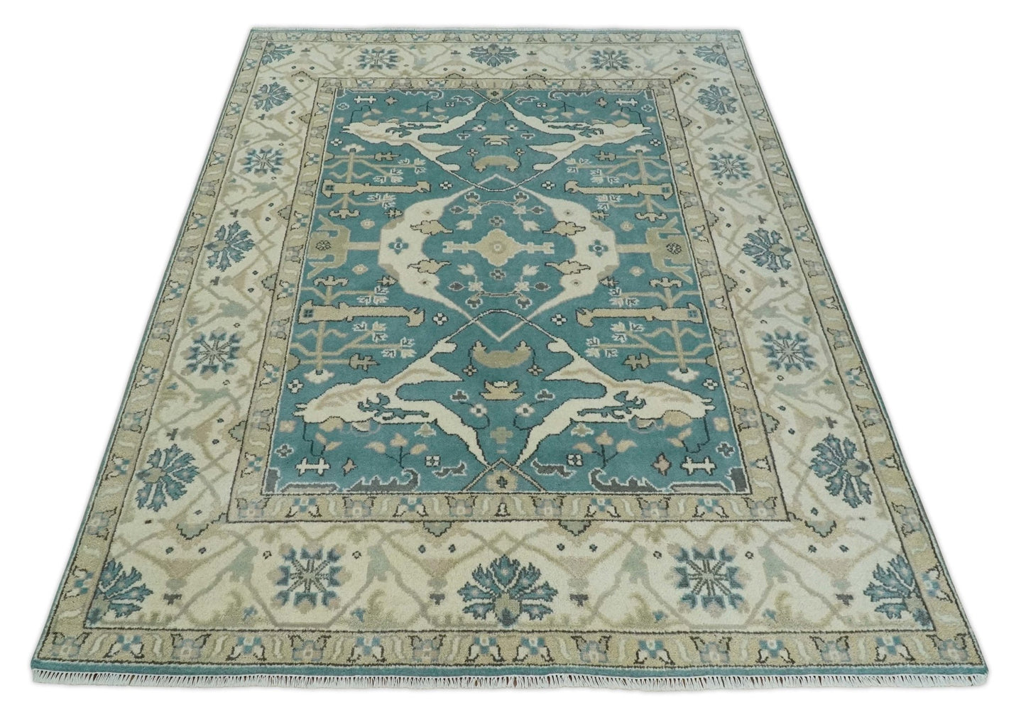 Hand Knotted 8x10 Oriental Oushak Aqua and Beige Wool Area Rug | TRDCP1200810 - The Rug Decor