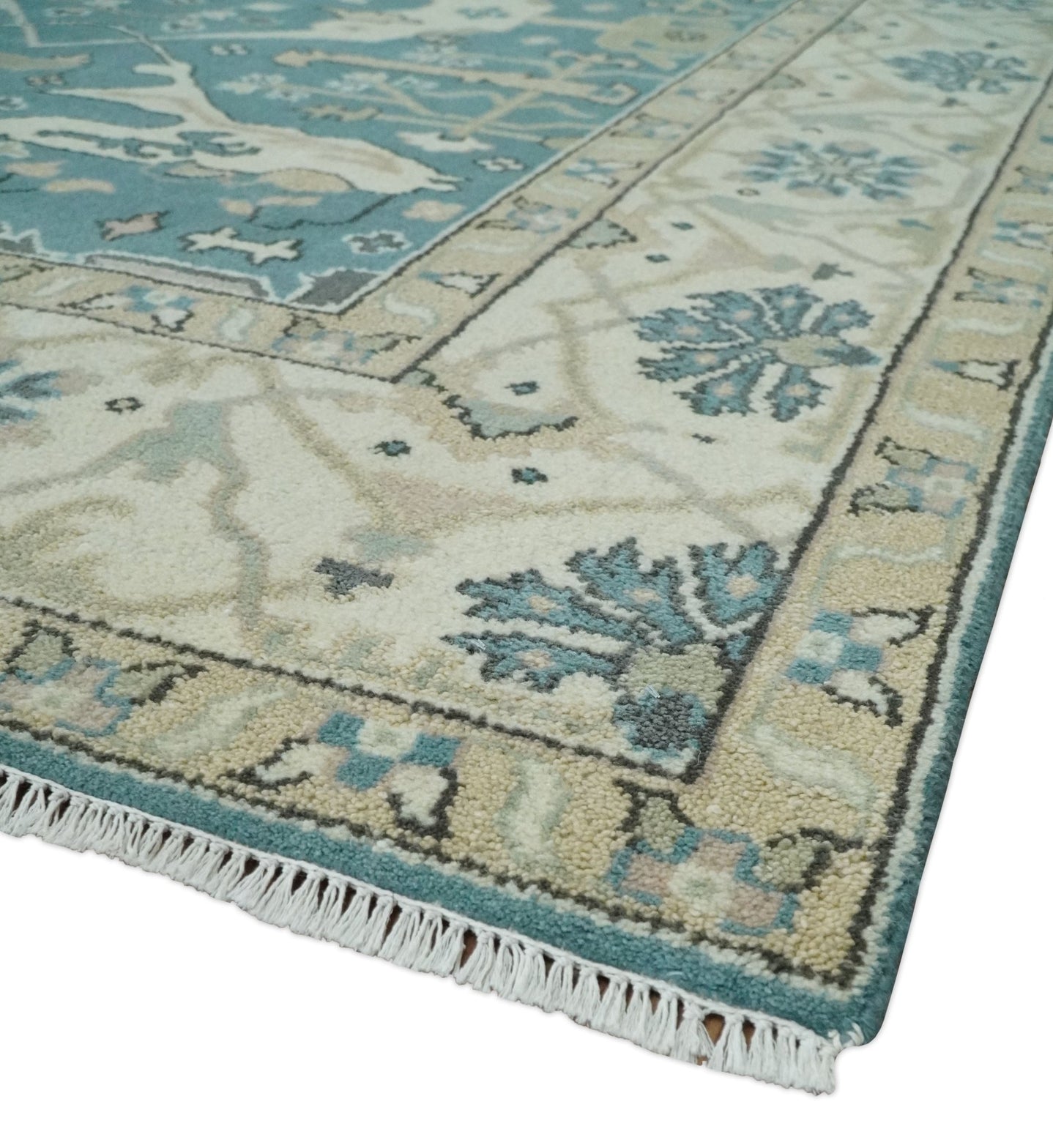 Hand Knotted 8x10 Oriental Oushak Aqua and Beige Wool Area Rug | TRDCP1200810 - The Rug Decor
