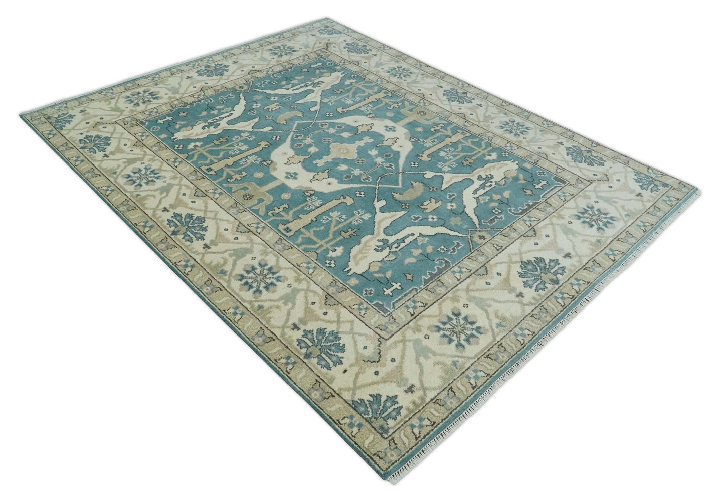 Hand Knotted 8x10 Oriental Oushak Aqua and Beige Wool Area Rug | TRDCP1200810 - The Rug Decor