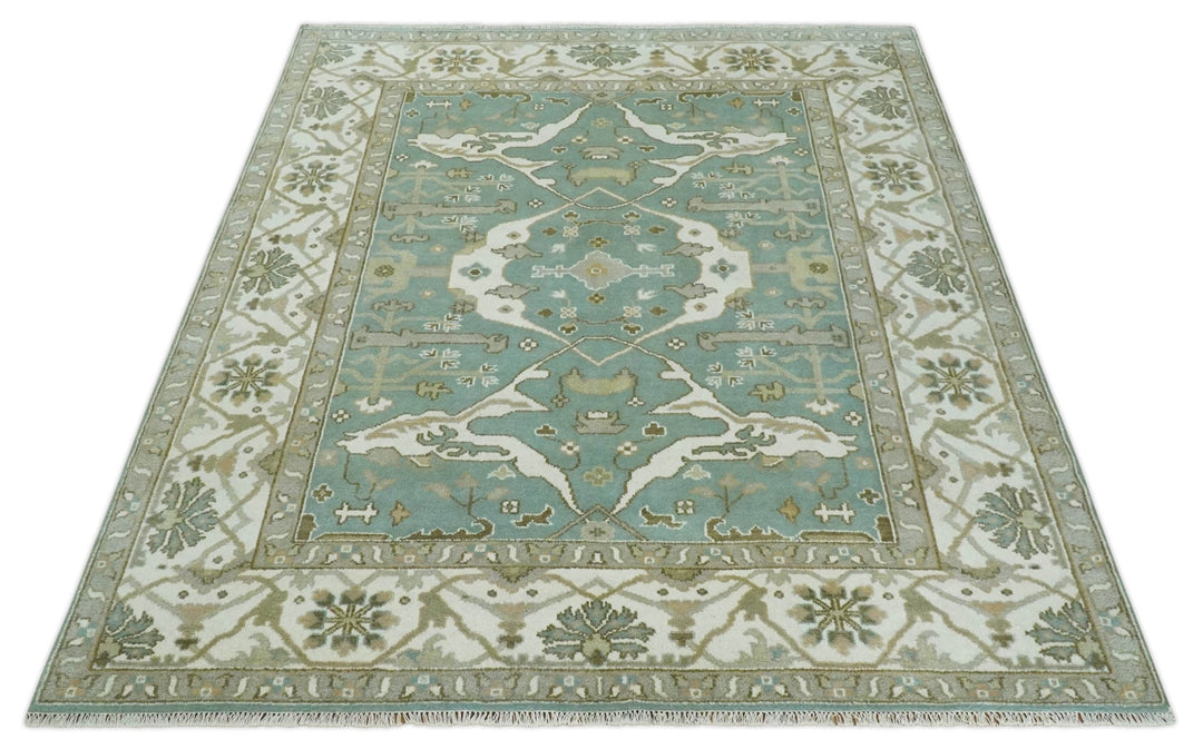 Hand Knotted 8x10 Oriental Oushak Aqua, Ivory and Silver Wool Area Rug | TRDCP1180810 - The Rug Decor