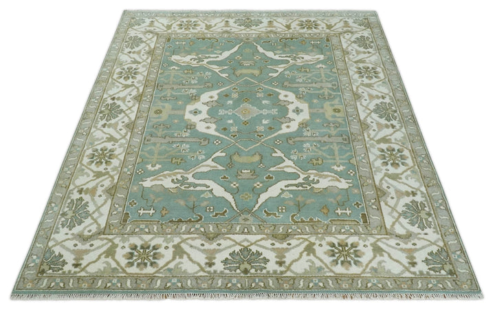 Hand Knotted 8x10 Oriental Oushak Aqua, Ivory and Silver Wool Area Rug | TRDCP1180810 - The Rug Decor