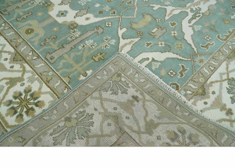 Hand Knotted 8x10 Oriental Oushak Aqua, Ivory and Silver Wool Area Rug | TRDCP1180810 - The Rug Decor