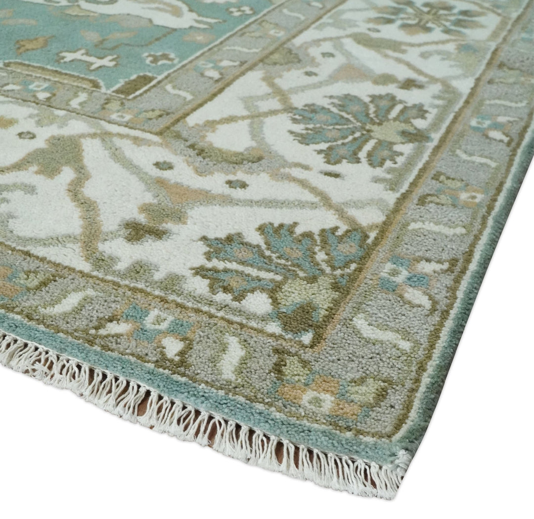 Hand Knotted 8x10 Oriental Oushak Aqua, Ivory and Silver Wool Area Rug | TRDCP1180810 - The Rug Decor