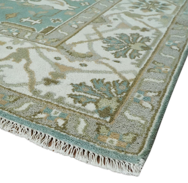 Hand Knotted 8x10 Oriental Oushak Aqua, Ivory and Silver Wool Area Rug | TRDCP1180810 - The Rug Decor