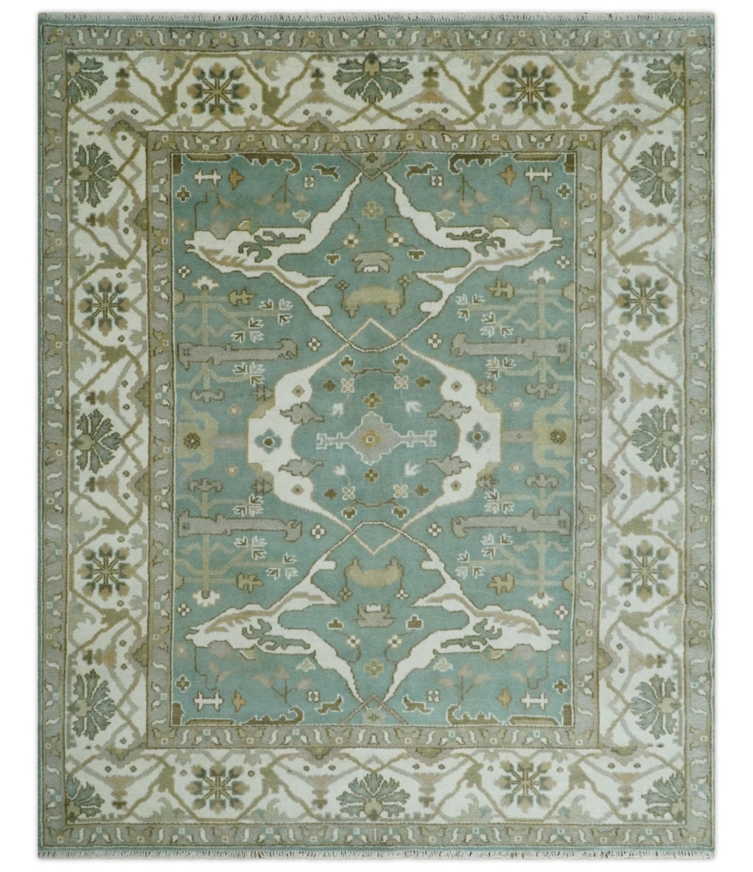 Hand Knotted 8x10 Oriental Oushak Aqua, Ivory and Silver Wool Area Rug | TRDCP1180810 - The Rug Decor
