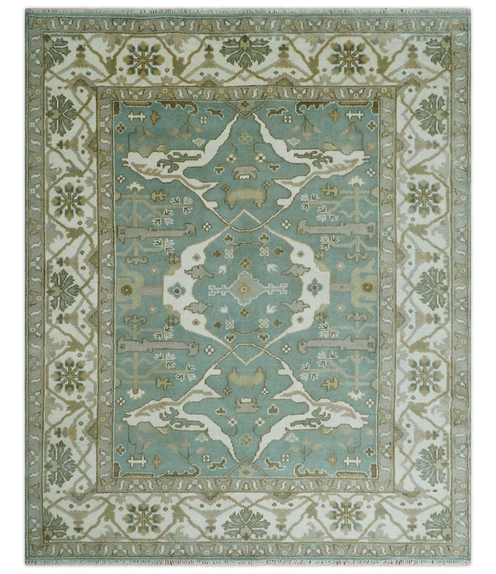 Hand Knotted 8x10 Oriental Oushak Aqua, Ivory and Silver Wool Area Rug | TRDCP1180810 - The Rug Decor