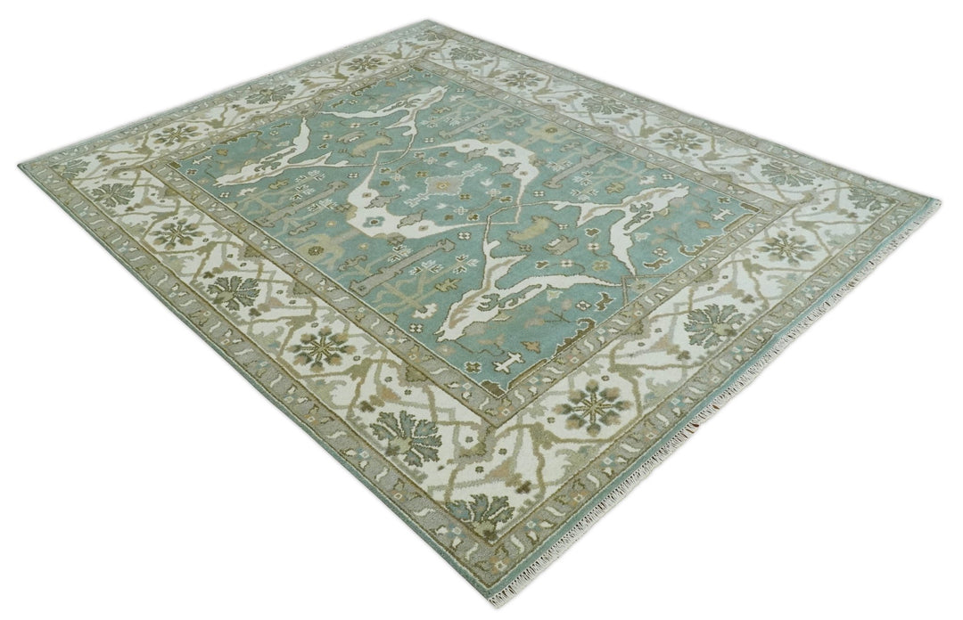 Hand Knotted 8x10 Oriental Oushak Aqua, Ivory and Silver Wool Area Rug | TRDCP1180810 - The Rug Decor