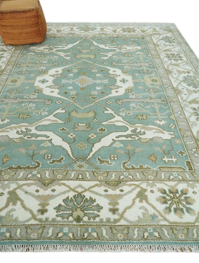 Hand Knotted 8x10 Oriental Oushak Aqua, Ivory and Silver Wool Area Rug | TRDCP1180810 - The Rug Decor