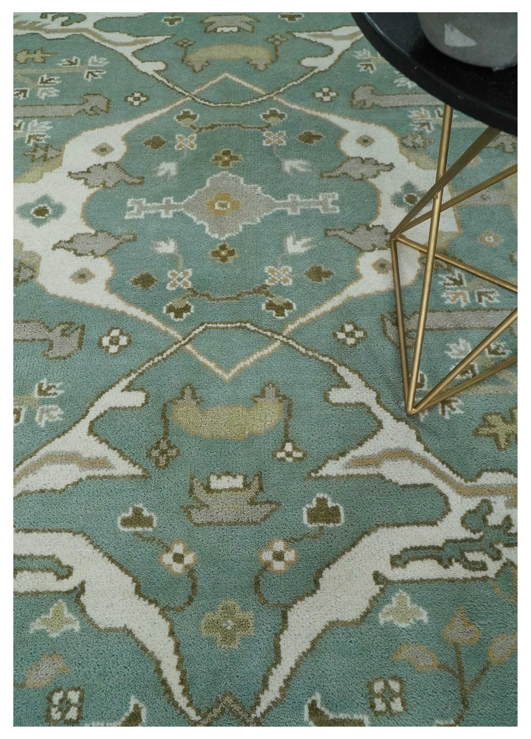 Hand Knotted 8x10 Oriental Oushak Aqua, Ivory and Silver Wool Area Rug | TRDCP1180810 - The Rug Decor