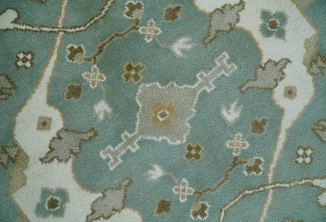 Hand Knotted 8x10 Oriental Oushak Aqua, Ivory and Silver Wool Area Rug | TRDCP1180810 - The Rug Decor