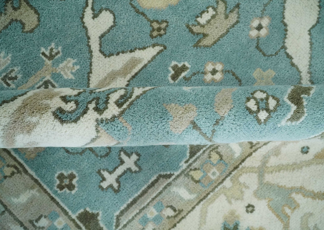 Hand Knotted 8x10 Oriental Oushak Aqua, Ivory and Silver Wool Area Rug | TRDCP1199810 - The Rug Decor