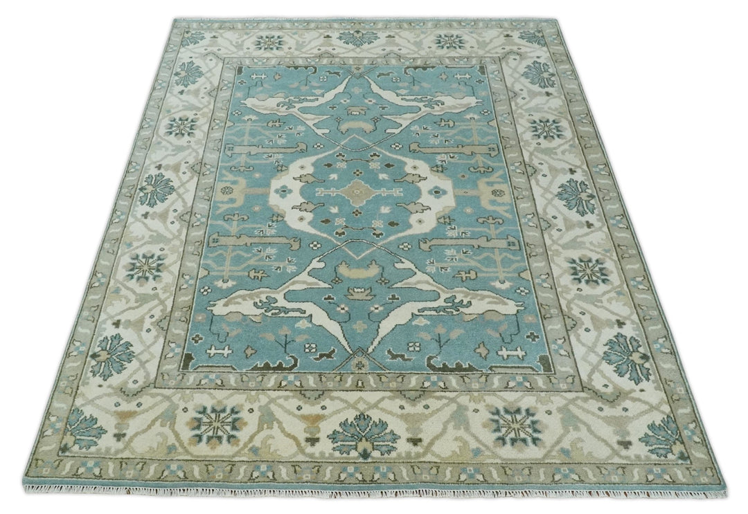 Hand Knotted 8x10 Oriental Oushak Aqua, Ivory and Silver Wool Area Rug | TRDCP1199810 - The Rug Decor