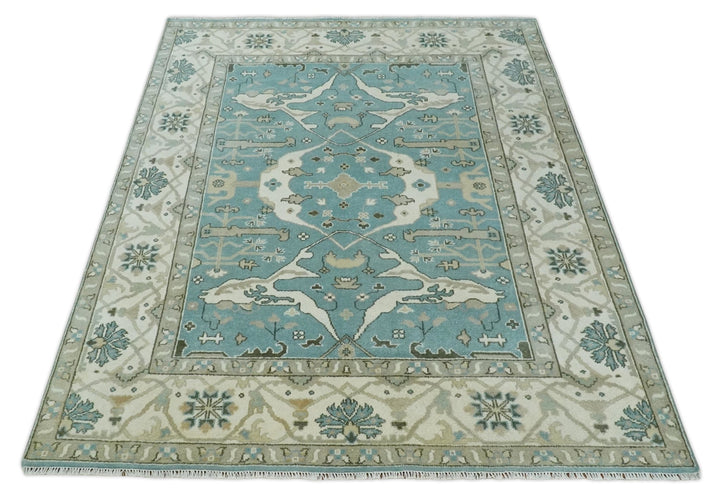 Hand Knotted 8x10 Oriental Oushak Aqua, Ivory and Silver Wool Area Rug | TRDCP1199810 - The Rug Decor