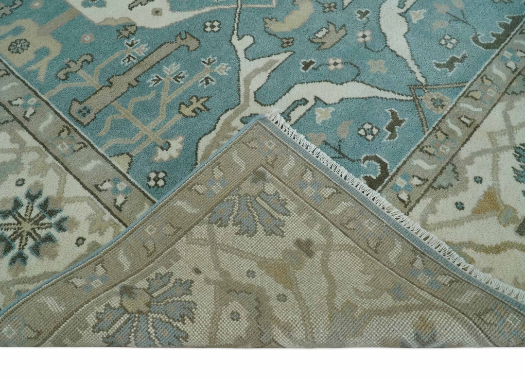 Hand Knotted 8x10 Oriental Oushak Aqua, Ivory and Silver Wool Area Rug | TRDCP1199810 - The Rug Decor