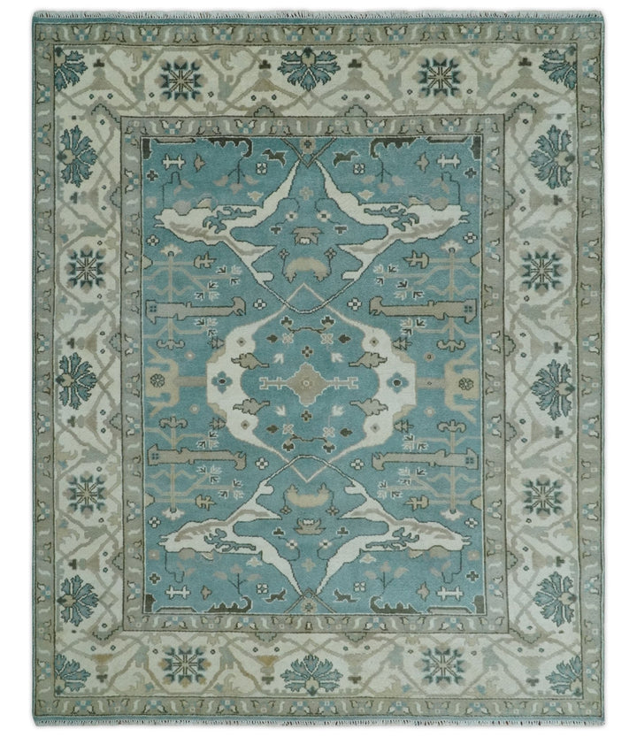 Hand Knotted 8x10 Oriental Oushak Aqua, Ivory and Silver Wool Area Rug | TRDCP1199810 - The Rug Decor