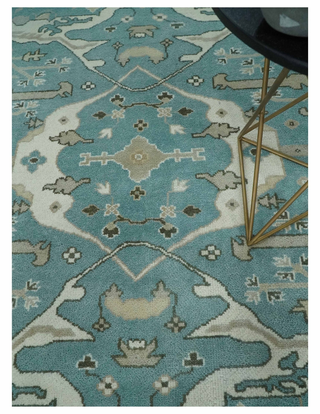 Hand Knotted 8x10 Oriental Oushak Aqua, Ivory and Silver Wool Area Rug | TRDCP1199810 - The Rug Decor