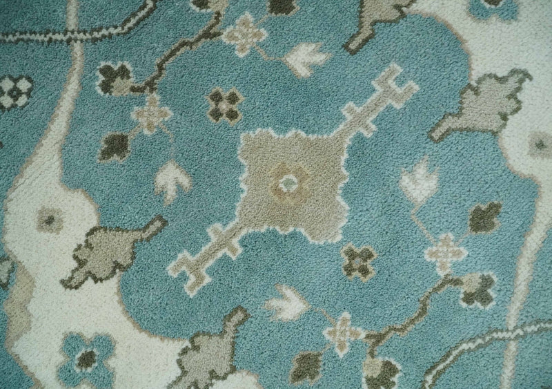 Hand Knotted 8x10 Oriental Oushak Aqua, Ivory and Silver Wool Area Rug | TRDCP1199810 - The Rug Decor