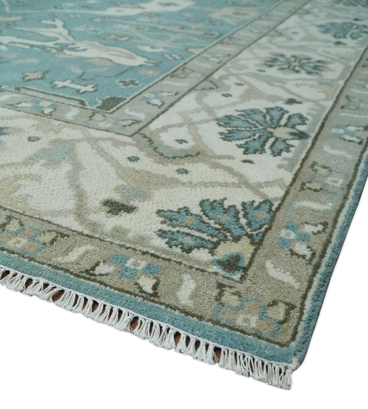 Hand Knotted 8x10 Oriental Oushak Aqua, Ivory and Silver Wool Area Rug | TRDCP1199810 - The Rug Decor