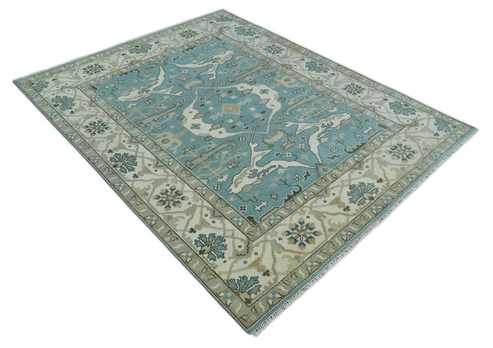 Hand Knotted 8x10 Oriental Oushak Aqua, Ivory and Silver Wool Area Rug | TRDCP1199810 - The Rug Decor