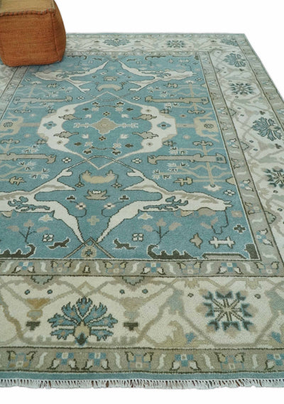 Hand Knotted 8x10 Oriental Oushak Aqua, Ivory and Silver Wool Area Rug | TRDCP1199810 - The Rug Decor