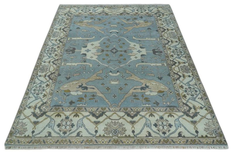 Hand Knotted 8x10 Oriental Oushak Blue and Ivory Wool Area Rug | TRDCP1115810 - The Rug Decor