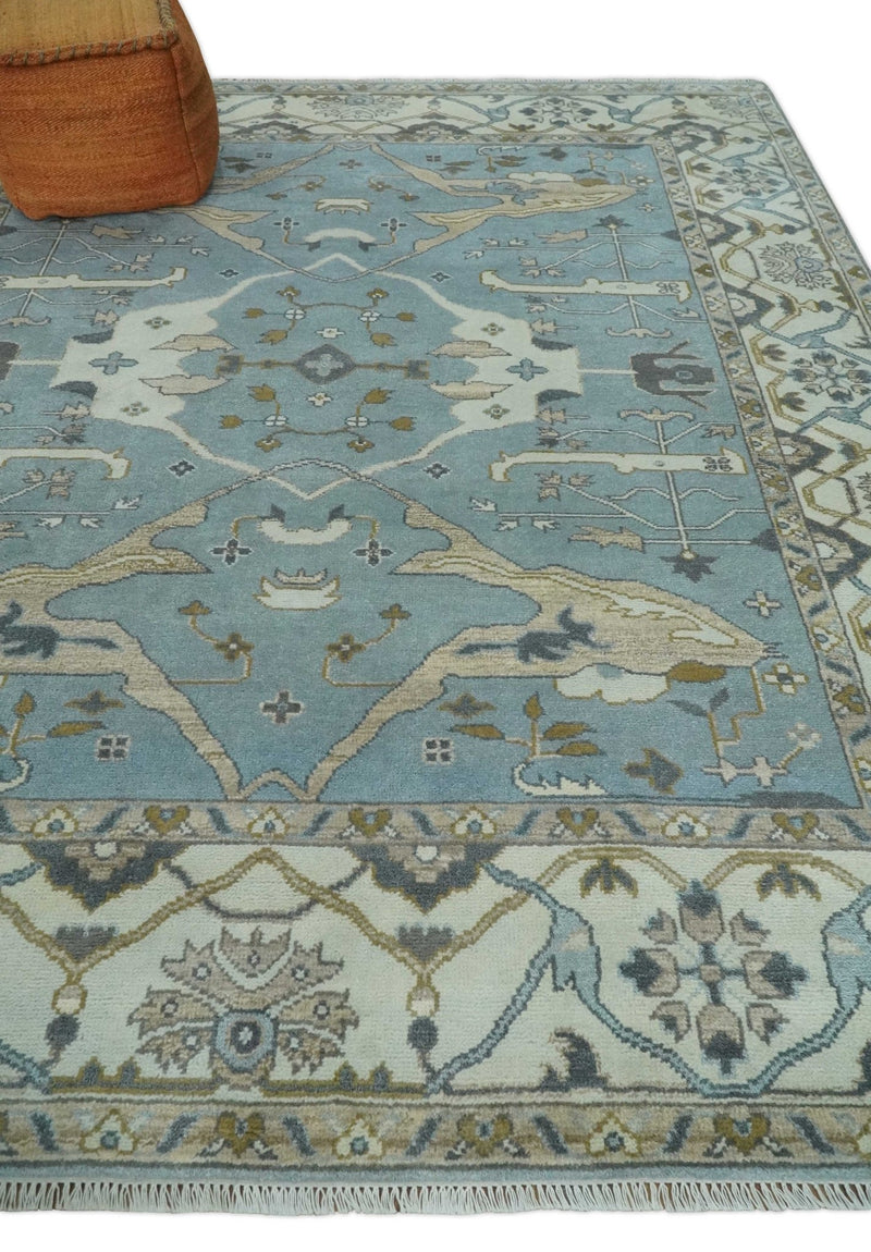 Hand Knotted 8x10 Oriental Oushak Blue and Ivory Wool Area Rug | TRDCP1115810 - The Rug Decor