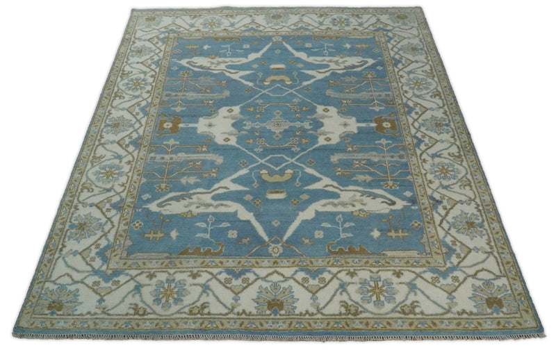 Hand Knotted 8x10 Oriental Oushak Blue and Ivory Wool Area Rug | TRDCP56810 - The Rug Decor
