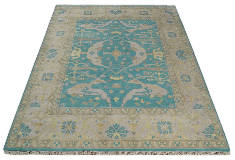 Hand Knotted 8x10 Oriental Oushak Blue, Beige and Camel Wool Area Rug | TRDCP791810 - The Rug Decor