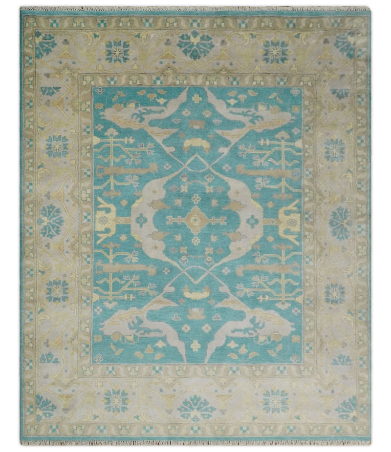 Hand Knotted 8x10 Oriental Oushak Blue, Beige and Camel Wool Area Rug | TRDCP791810 - The Rug Decor