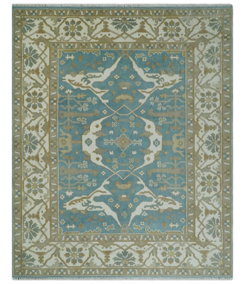 Hand Knotted 8x10 Oriental Oushak Blue, Brown and Beige Wool Area Rug | TRDCP1146810 - The Rug Decor