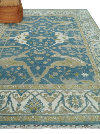 Hand Knotted 8x10 Oriental Oushak Blue, Ivory and Beige Wool Area Rug | TRDCP1138810 - The Rug Decor