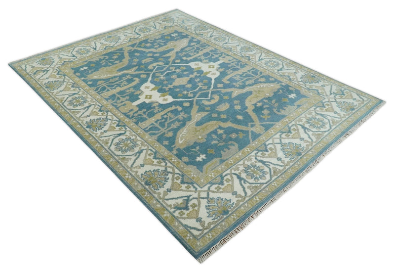 Hand Knotted 8x10 Oriental Oushak Blue, Ivory and Beige Wool Area Rug | TRDCP1138810 - The Rug Decor