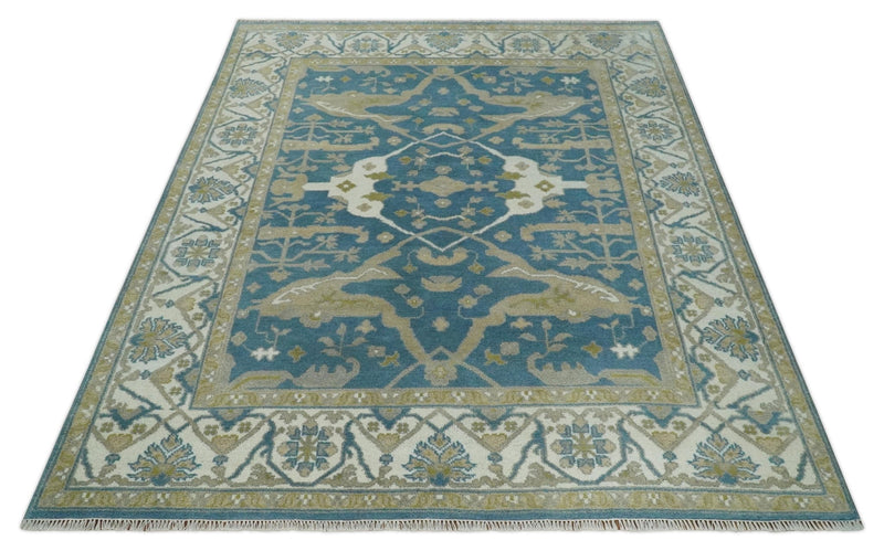 Hand Knotted 8x10 Oriental Oushak Blue, Ivory and Beige Wool Area Rug | TRDCP1138810 - The Rug Decor