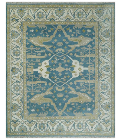 Hand Knotted 8x10 Oriental Oushak Blue, Ivory and Beige Wool Area Rug | TRDCP1138810 - The Rug Decor