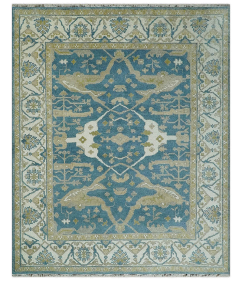 Hand Knotted 8x10 Oriental Oushak Blue, Ivory and Beige Wool Area Rug | TRDCP1138810 - The Rug Decor