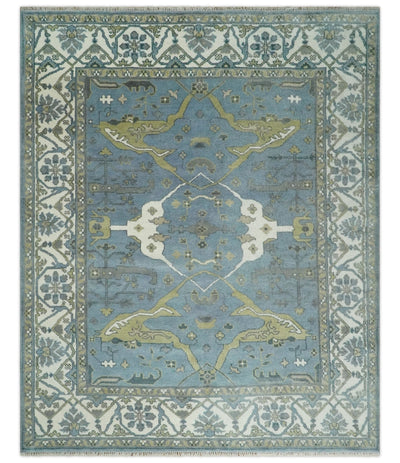 Hand Knotted 8x10 Oriental Oushak Blue, Ivory and Beige Wool Area Rug | TRDCP1140810 - The Rug Decor