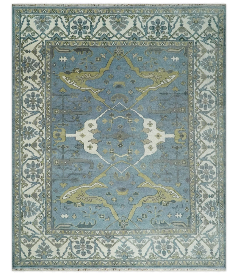 Hand Knotted 8x10 Oriental Oushak Blue, Ivory and Beige Wool Area Rug | TRDCP1140810 - The Rug Decor