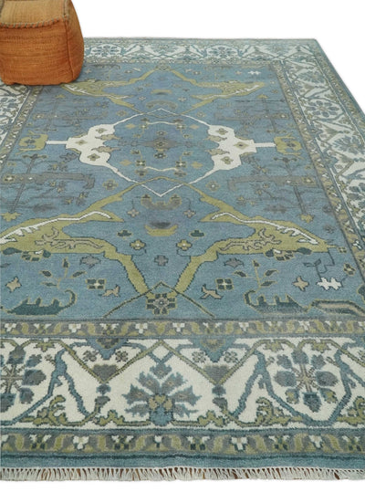 Hand Knotted 8x10 Oriental Oushak Blue, Ivory and Beige Wool Area Rug | TRDCP1140810 - The Rug Decor