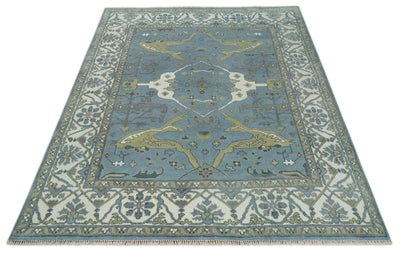 Hand Knotted 8x10 Oriental Oushak Blue, Ivory and Beige Wool Area Rug | TRDCP1140810 - The Rug Decor