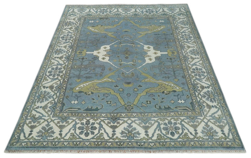 Hand Knotted 8x10 Oriental Oushak Blue, Ivory and Beige Wool Area Rug | TRDCP1140810 - The Rug Decor