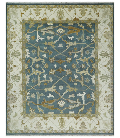 Hand Knotted 8x10 Oriental Oushak Blue, Ivory and Beige Wool Area Rug | TRDCP1141810 - The Rug Decor