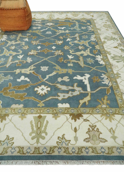 Hand Knotted 8x10 Oriental Oushak Blue, Ivory and Beige Wool Area Rug | TRDCP1141810 - The Rug Decor