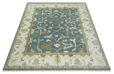 Hand Knotted 8x10 Oriental Oushak Blue, Ivory and Beige Wool Area Rug | TRDCP1141810 - The Rug Decor