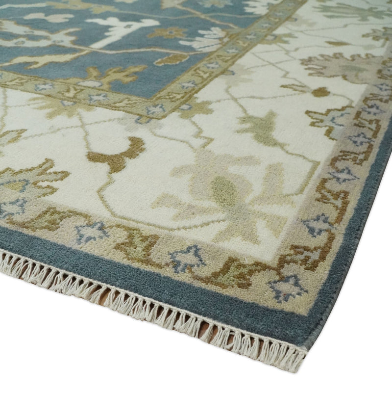 Hand Knotted 8x10 Oriental Oushak Blue, Ivory and Beige Wool Area Rug | TRDCP1141810 - The Rug Decor