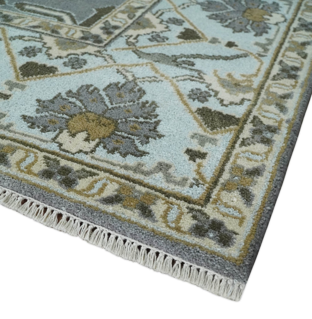 Hand Knotted 8x10 Oriental Oushak Charcoal, Aqua and Beige Wool Area Rug | TRDCP1184810 - The Rug Decor