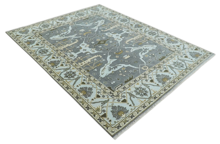 Hand Knotted 8x10 Oriental Oushak Charcoal, Aqua and Beige Wool Area Rug | TRDCP1184810 - The Rug Decor