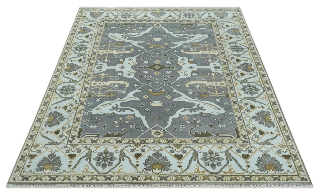 Hand Knotted 8x10 Oriental Oushak Charcoal, Aqua and Beige Wool Area Rug | TRDCP1184810 - The Rug Decor