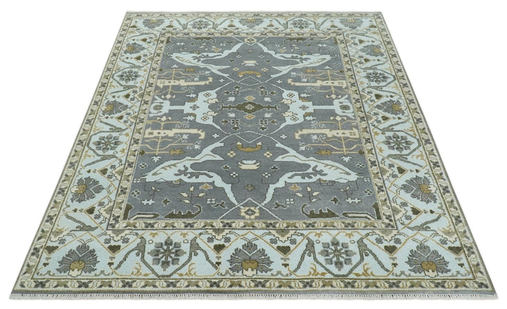 Hand Knotted 8x10 Oriental Oushak Charcoal, Aqua and Beige Wool Area Rug | TRDCP1184810 - The Rug Decor