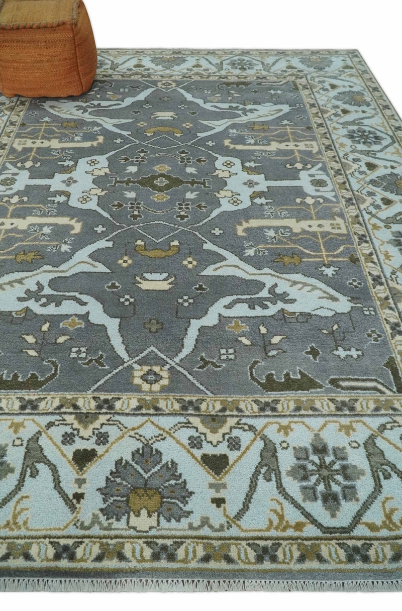 Hand Knotted 8x10 Oriental Oushak Charcoal, Aqua and Beige Wool Area Rug | TRDCP1184810 - The Rug Decor